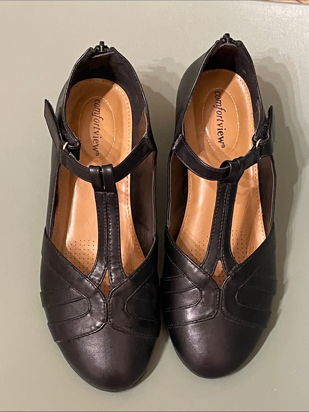 comfortview Black T-Strap mules "shootie" with Tan Insole 9 w